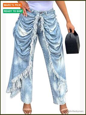 High Waisted Baggy Distressed Patchwork Denim Jeans Ruched Draped